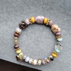 Hand Crafted Multi Gemstone And Czech Glass Cat Beaded Memory Wire Bracelet